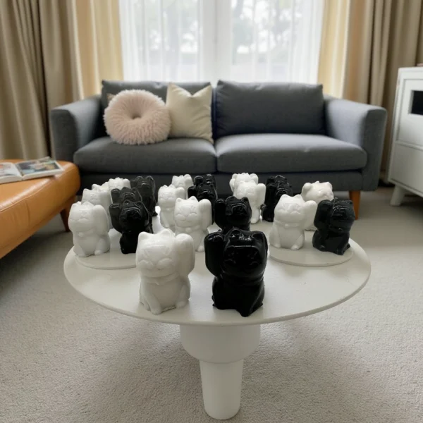 人手彫刻獨一無二的天然黑耀石 (Black obsidian) 及白石 (White quartz) 黑白招財貓 (每對 - 隨機) - Image 3